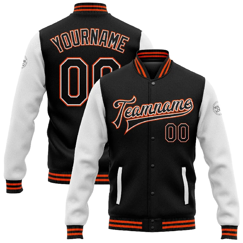 Fashionable Corduroy Jacket for Vintage Style-Custom Black White-Orange Bomber Full-Snap Varsity Letterman Two Tone Jacket