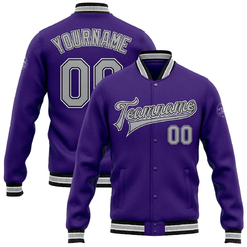 Durable Workwear Jacket for Tough Jobs-Custom Purple Gray-Black Bomber Full-Snap Varsity Letterman Jacket