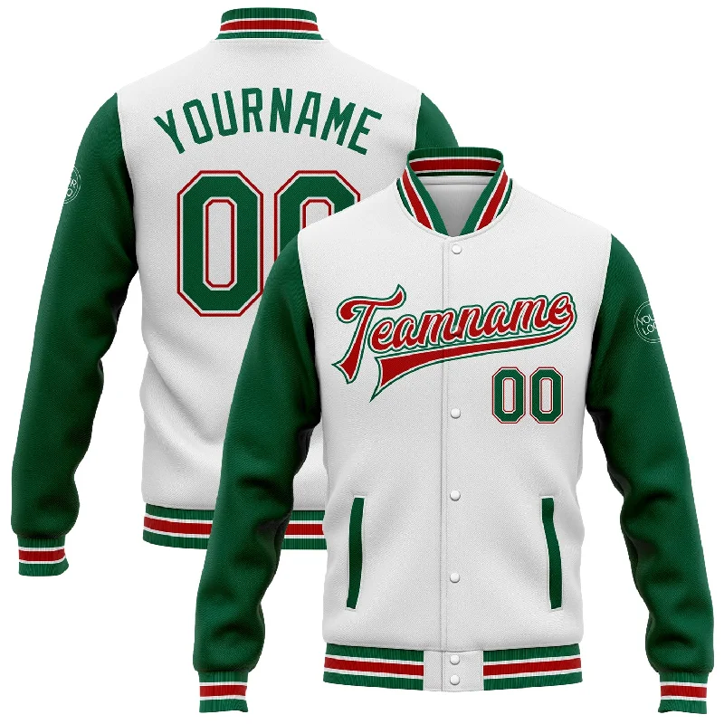 Soft Shell Jacket for Spring Weather-Custom White Kelly Green-Red Bomber Full-Snap Varsity Letterman Two Tone Jacket