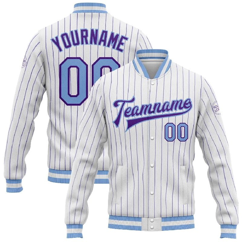 Warm Fleece Jacket for Layering-Custom White Purple Pinstripe Light Blue Bomber Full-Snap Varsity Letterman Jacket