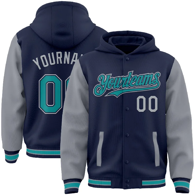 Cozy Pullover Hoodie for Relaxed Style-Custom Navy Teal-Gray Bomber Full-Snap Varsity Letterman Two Tone Hoodie Jacket