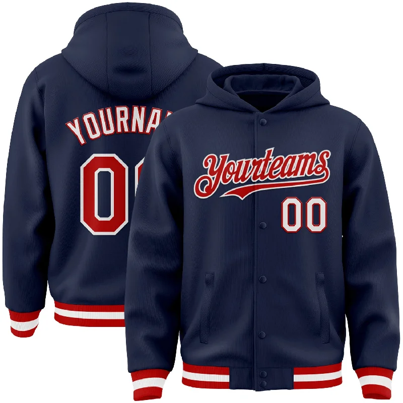 Soft Hoodie with Long Sleeves for All-Weather Wear-Custom Navy Red-White Bomber Full-Snap Varsity Letterman Hoodie Jacket