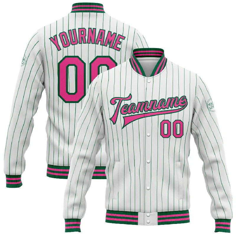 Insulated Ski Jacket for Winter Sports-Custom White Kelly Green Pinstripe Pink Bomber Full-Snap Varsity Letterman Jacket