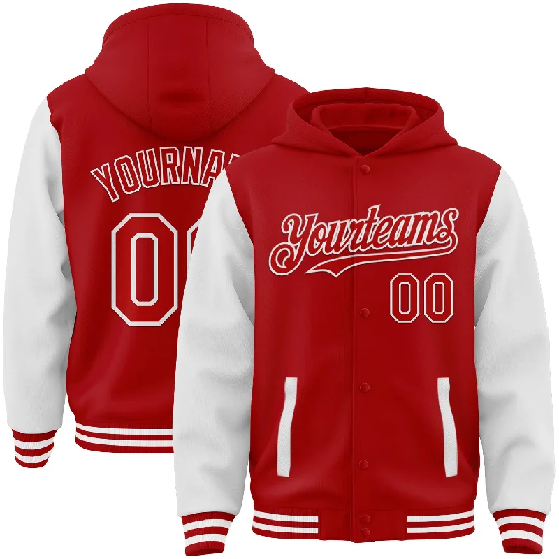 Comfortable Hoodie for Hiking and Outdoors-Custom Red White Bomber Full-Snap Varsity Letterman Two Tone Hoodie Jacket