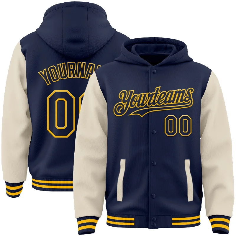 Breathable Hoodie for Hot Weather-Custom Navy Cream-Gold Bomber Full-Snap Varsity Letterman Two Tone Hoodie Jacket