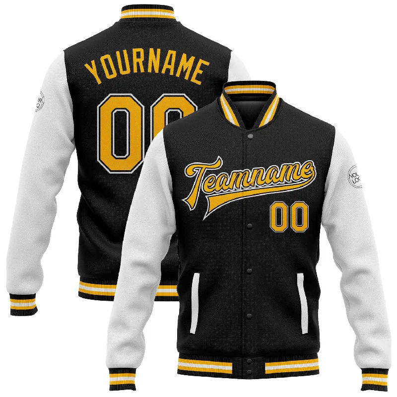 Soft Wool Jacket for Fall Fashion-Custom Black Gold-White Bomber Full-Snap Varsity Letterman Two Tone Jacket