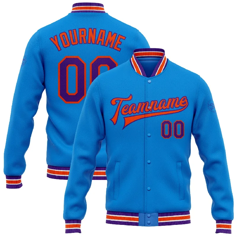 Durable Workwear Jacket for Tough Jobs-Custom Powder Blue Purple-Orange Bomber Full-Snap Varsity Letterman Jacket