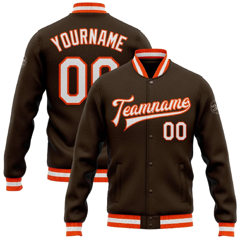 Chic Blazer Jacket for Business and Casual Looks-Custom Brown White-Orange Bomber Full-Snap Varsity Letterman Jacket