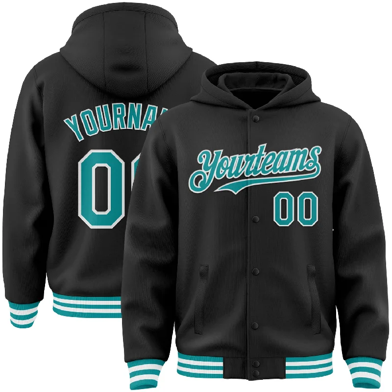 Hoodie with Front Pocket for Practical Use-Custom Black Teal-White Bomber Full-Snap Varsity Letterman Hoodie Jacket