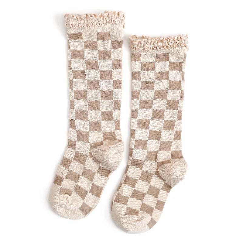 Plush Slipper Socks for Home Comfort-Checkered Lace Top Knee High Socks - Vanilla/Oat