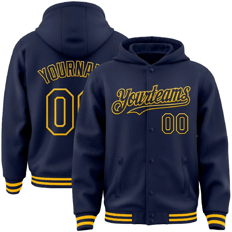 Trendy Graphic Hoodie for Casual Looks-Custom Navy Gold Bomber Full-Snap Varsity Letterman Hoodie Jacket