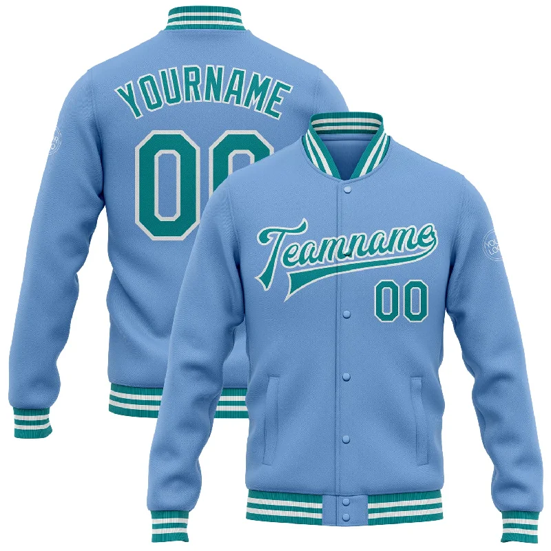 Casual Quilted Jacket for Fall Fashion Looks-Custom Light Blue Teal-White Bomber Full-Snap Varsity Letterman Jacket