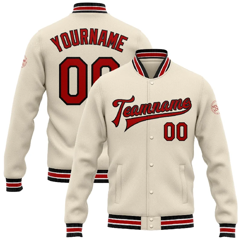 Classic Military Jacket for Everyday Looks-Custom Cream Red-Black Bomber Full-Snap Varsity Letterman Jacket