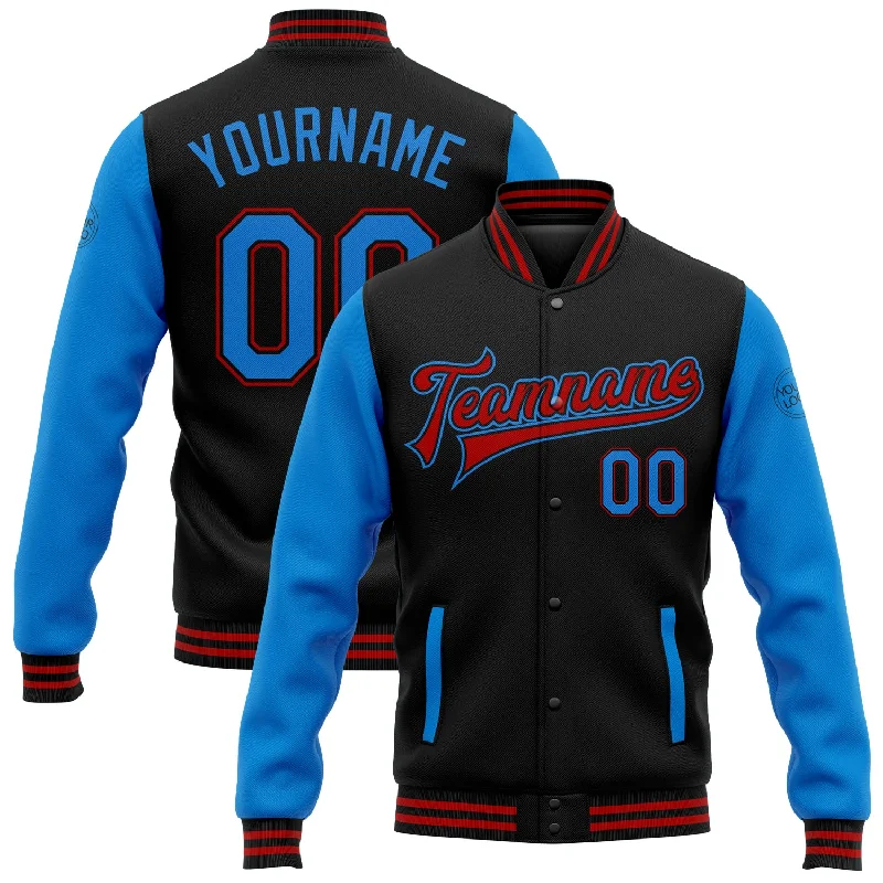 Soft Wool Jacket for Comfy Everyday Style-Custom Black Powder Blue-Red Bomber Full-Snap Varsity Letterman Two Tone Jacket