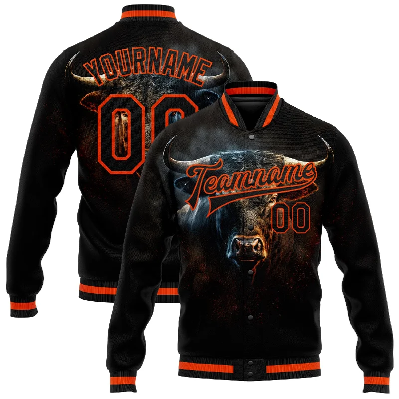 Sporty Active Jacket for Fitness Enthusiasts-Custom Black Orange Angry Violent Bulls Face 3D Pattern Design Bomber Full-Snap Varsity Letterman Jacket