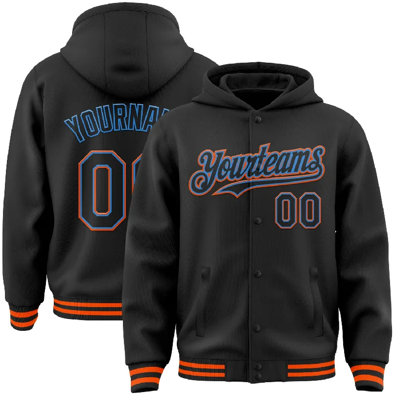 Trendy Hoodie for Fashionable Outfits-Custom Black Powder Blue-Orange Bomber Full-Snap Varsity Letterman Hoodie Jacket