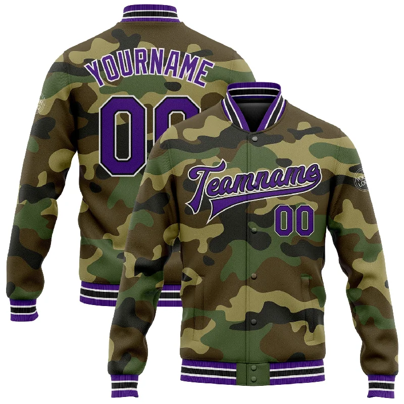 Classic Wool Coat Jacket for Timeless Style-Custom Camo Purple-Black Bomber Full-Snap Varsity Letterman Salute To Service Jacket