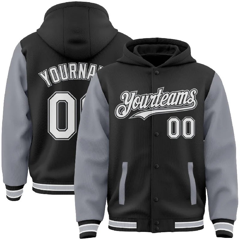 Trendy Oversized Hoodie for Fashionable Looks-Custom Black White-Gray Bomber Full-Snap Varsity Letterman Two Tone Hoodie Jacket