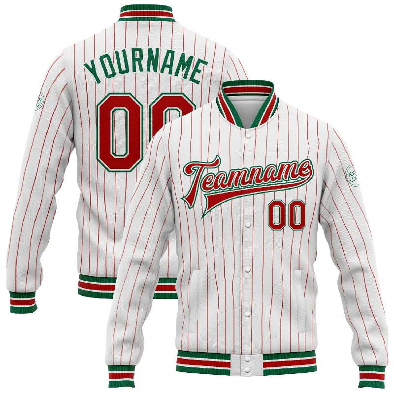 Fleece-Lined Winter Jacket for Extra Warmth-Custom White Red Pinstripe Kelly Green Bomber Full-Snap Varsity Letterman Jacket