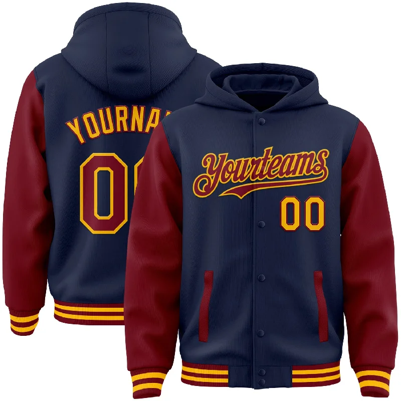 Cozy Hoodie with Extra Warmth for Winter-Custom Navy Crimson-Gold Bomber Full-Snap Varsity Letterman Two Tone Hoodie Jacket