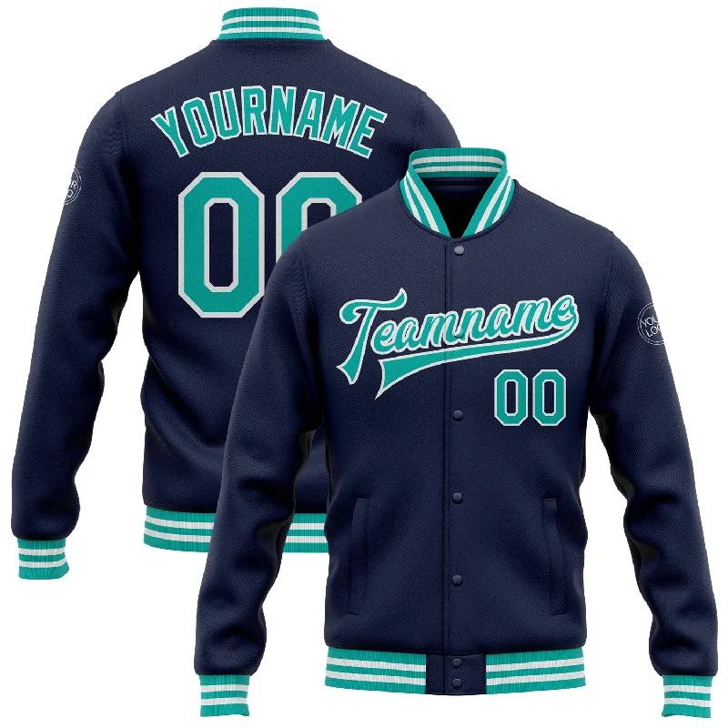 Light Windproof Jacket for Outdoor Adventures-Custom Navy Aqua-White Bomber Full-Snap Varsity Letterman Jacket