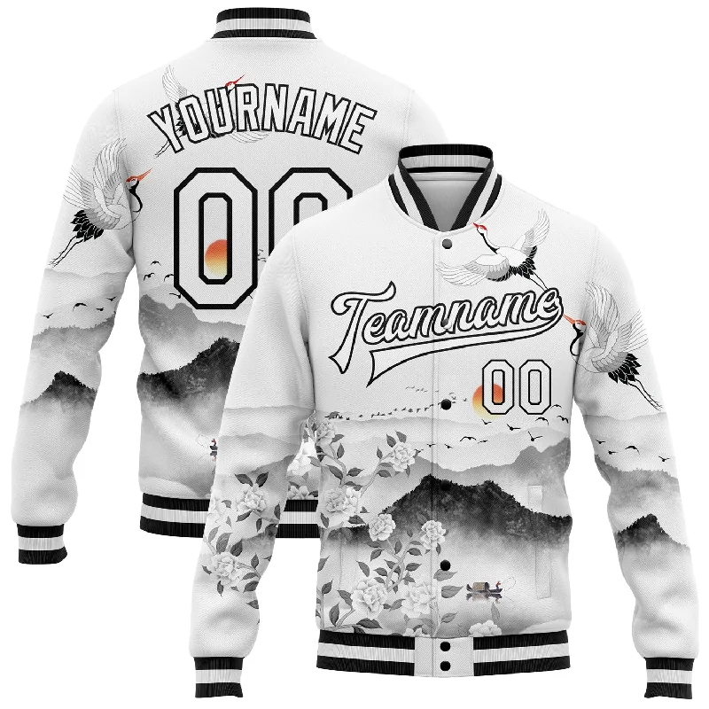 Casual Field Jacket for Relaxed Style-Custom White Black Heron And Flower 3D Pattern Design Bomber Full-Snap Varsity Letterman Jacket