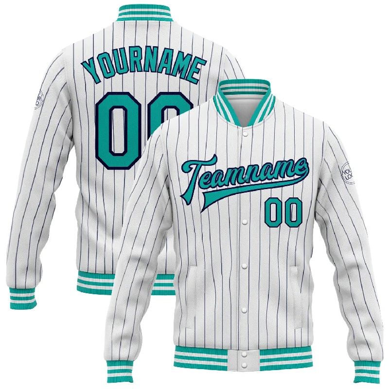 Insulated Hooded Jacket for Chilly Weather-Custom White Navy Pinstripe Aqua Bomber Full-Snap Varsity Letterman Jacket