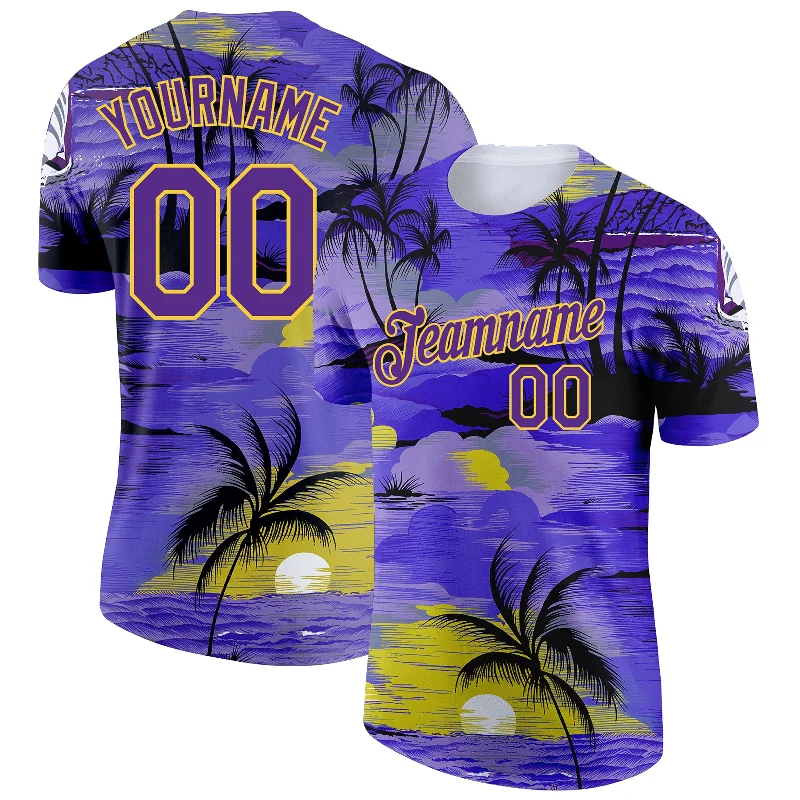 Comfortable Basic T-Shirt for Layering-Custom Purple Yellow 3D Pattern Design Sun Beach Hawaii Palm Trees Performance T-Shirt