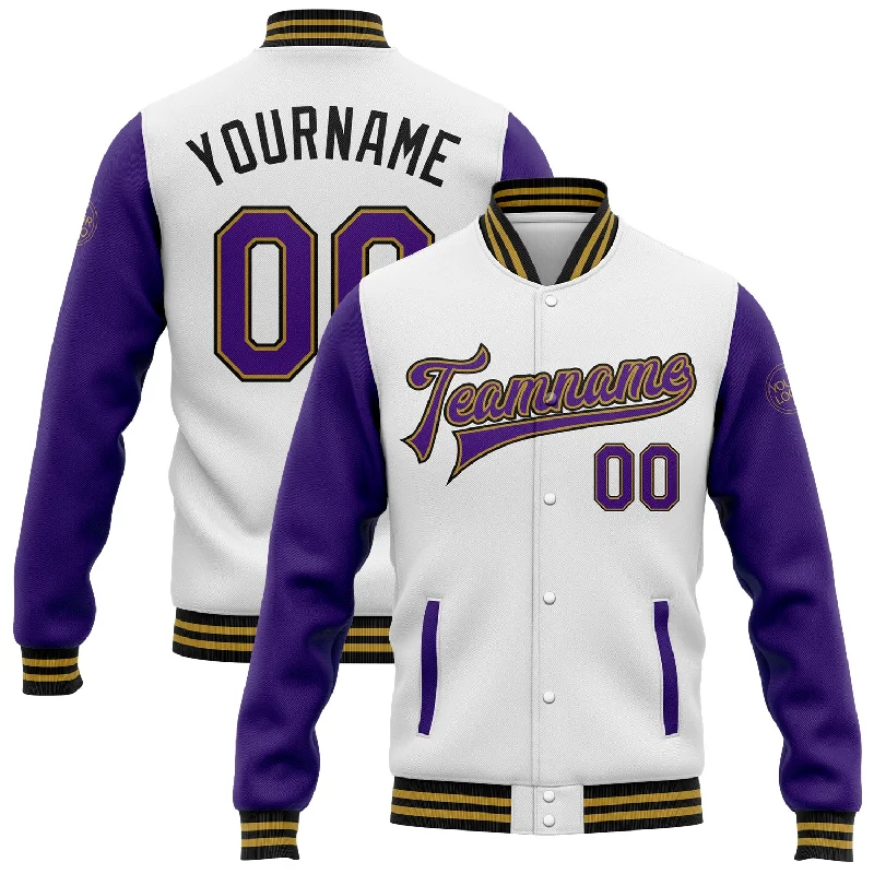 Casual Quilted Jacket for Fall Fashion Looks-Custom White Purple Old Gold-Black Bomber Full-Snap Varsity Letterman Two Tone Jacket