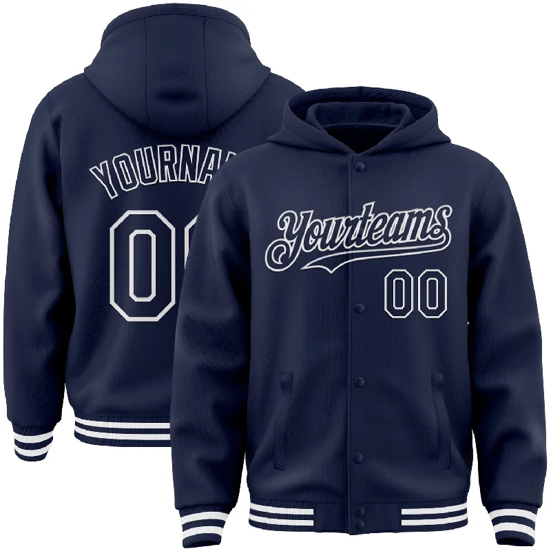 Fashionable Oversized Hoodie for Street Style-Custom Navy White Bomber Full-Snap Varsity Letterman Hoodie Jacket