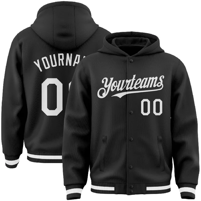 Premium Cotton Hoodie for Superior Comfort-Custom Black White Bomber Full-Snap Varsity Letterman Hoodie Jacket