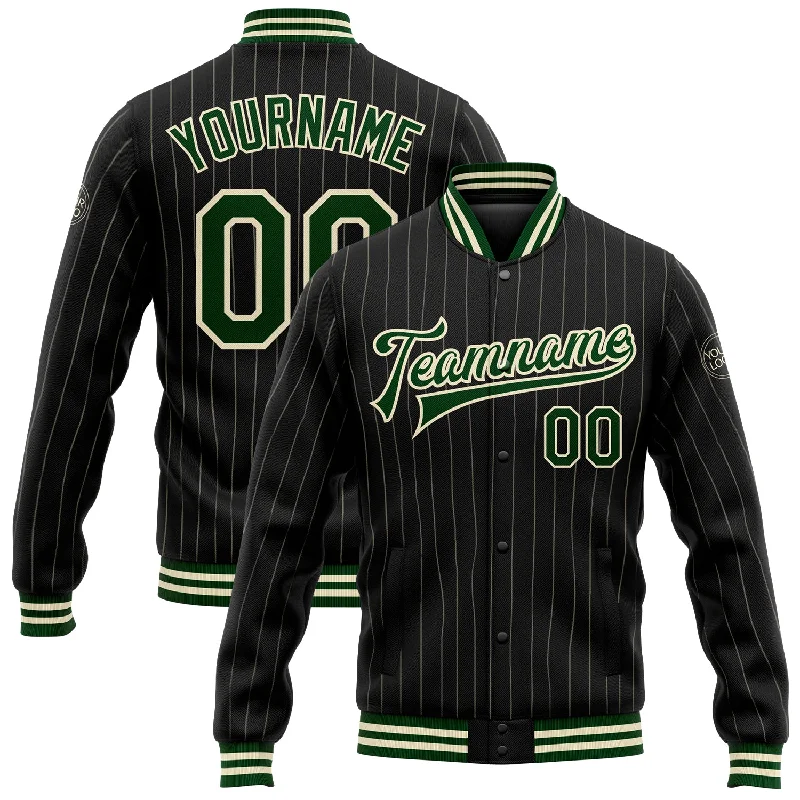 Lightweight Soft-Shell Windbreaker for Sports-Custom Black Cream Pinstripe Green Bomber Full-Snap Varsity Letterman Jacket