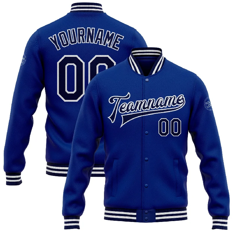 Classic Peacoat Jacket for Elegant Style-Custom Royal Navy-White Bomber Full-Snap Varsity Letterman Jacket