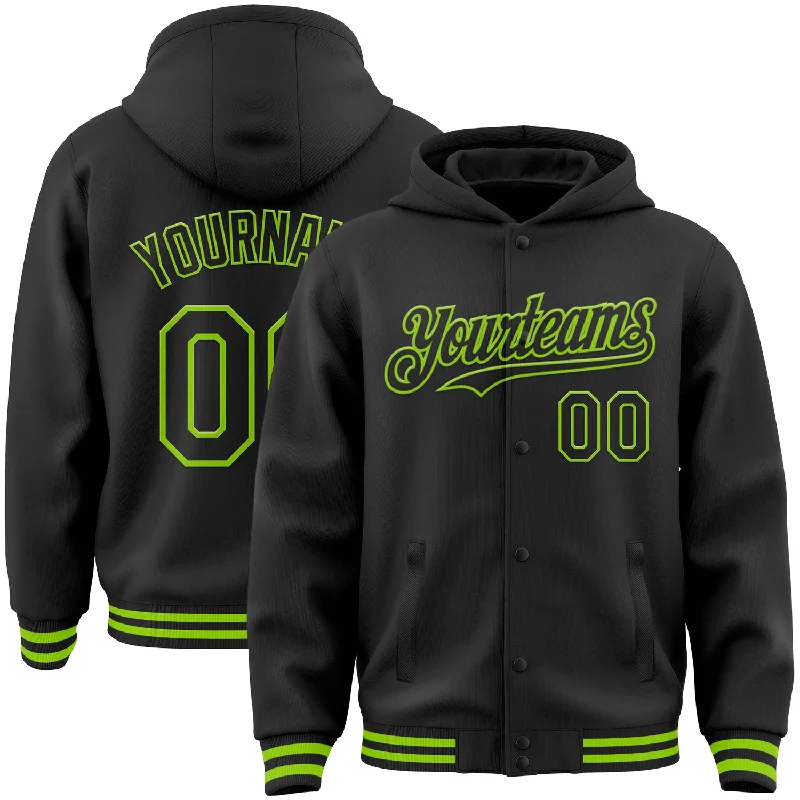 Premium Hoodie for Superior Softness-Custom Black Neon Green Bomber Full-Snap Varsity Letterman Hoodie Jacket