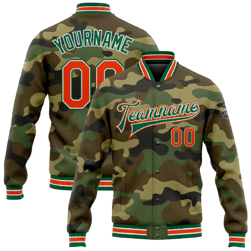 Trendy Fleece Jacket for Winter Outfits-Custom Camo Orange-Kelly Green Bomber Full-Snap Varsity Letterman Salute To Service Jacket