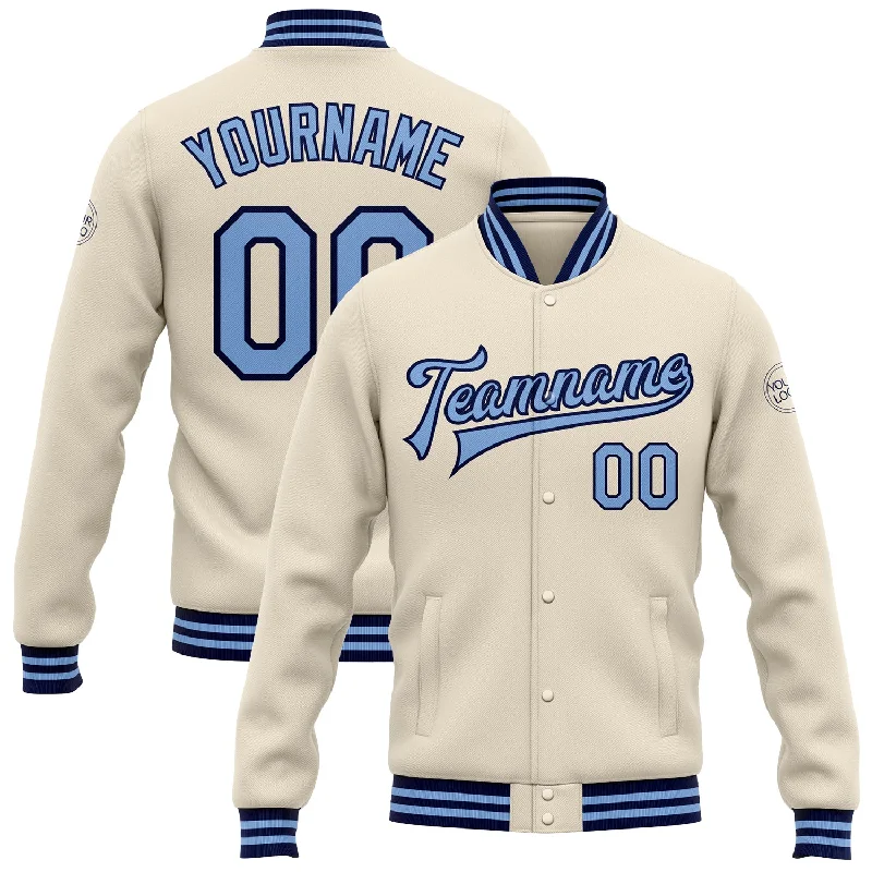 Casual Field Jacket for Relaxed Style-Custom Cream Light Blue-Navy Bomber Full-Snap Varsity Letterman Jacket