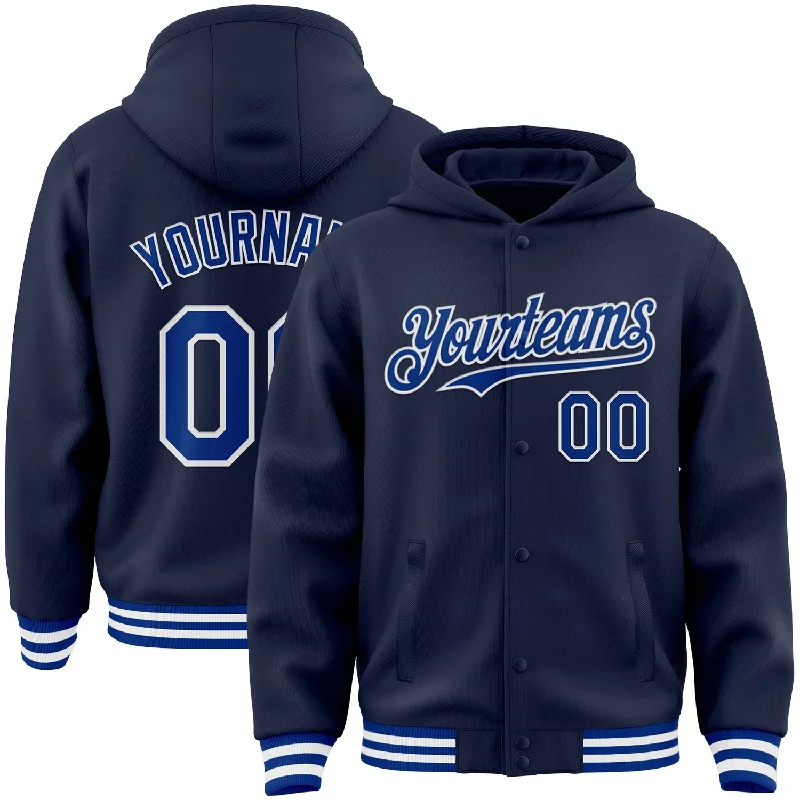 Soft Sherpa Hoodie for Ultimate Warmth-Custom Navy Royal-White Bomber Full-Snap Varsity Letterman Hoodie Jacket