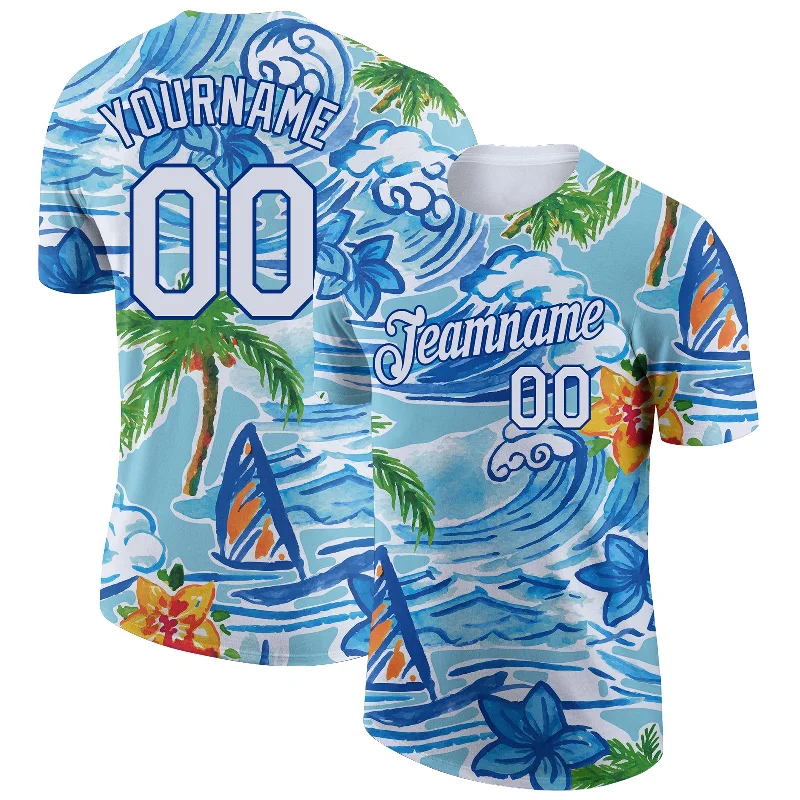 Trendy Color-Block T-Shirt for Fashionable Style-Custom White Royal 3D Pattern Design Beach Hawaii Palm Trees And Flowers Performance T-Shirt