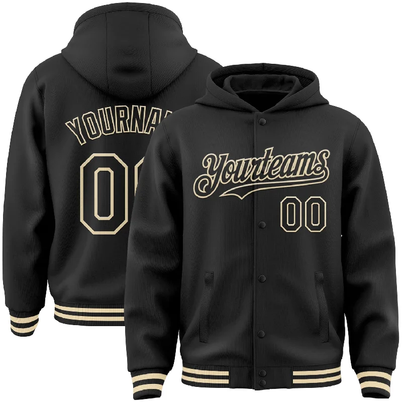 Classic Hoodie with a Simple Design-Custom Black Cream Bomber Full-Snap Varsity Letterman Hoodie Jacket