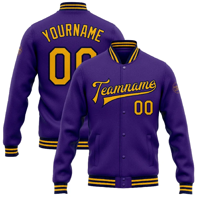 Breathable Rainproof Jacket for Outdoor Activities-Custom Purple Gold-Navy Bomber Full-Snap Varsity Letterman Jacket