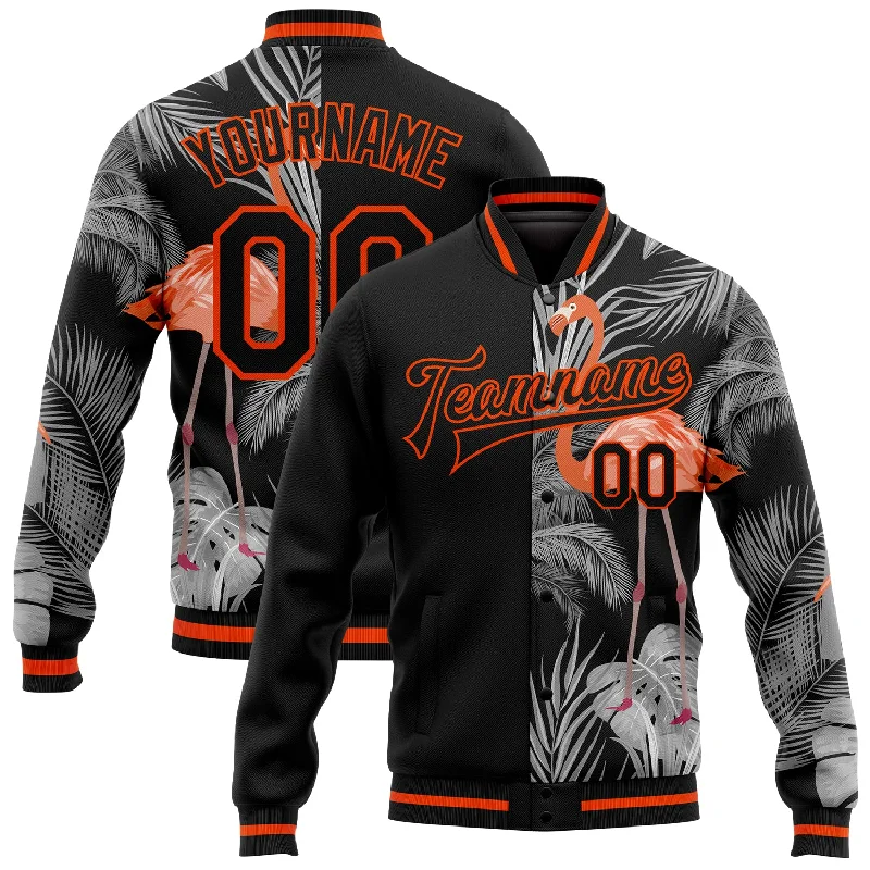 Windproof Sports Jacket for Running-Custom Black Orange-Gray Flamingo And Tropical Hawaii Palm Plants 3D Bomber Full-Snap Varsity Letterman Jacket