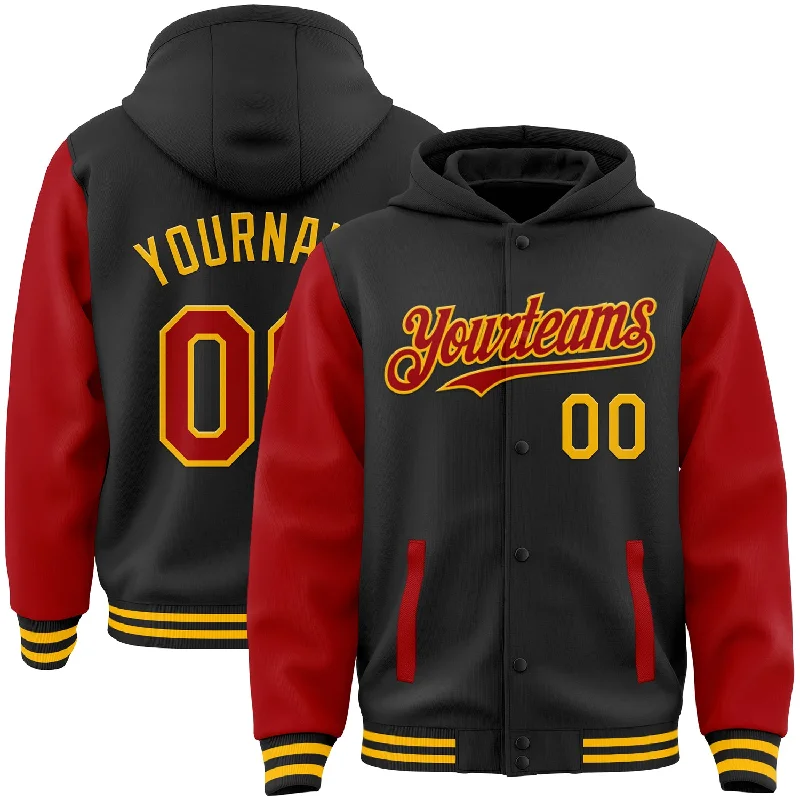 Trendy Hoodie with Embroidered Details-Custom Black Red-Gold Bomber Full-Snap Varsity Letterman Two Tone Hoodie Jacket