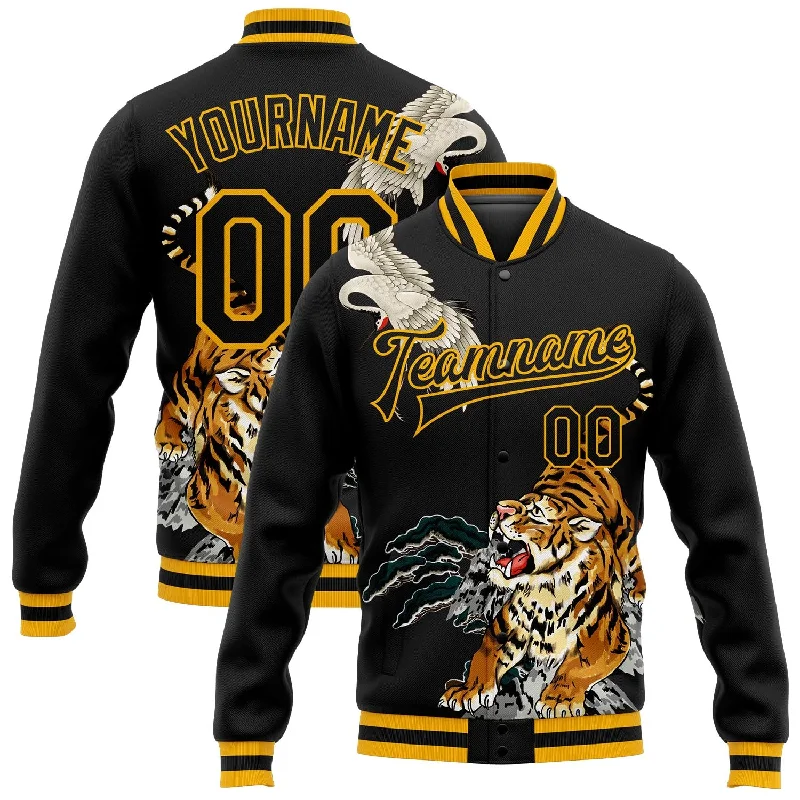 Warm Fleece Jacket for Layering-Custom Black Gold Heron And Tiger 3D Pattern Design Bomber Full-Snap Varsity Letterman Jacket