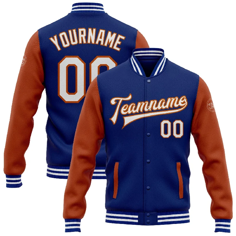 Fashionable Outdoor Jacket for Adventure Lovers-Custom Royal White-Texas Orange Bomber Full-Snap Varsity Letterman Two Tone Jacket