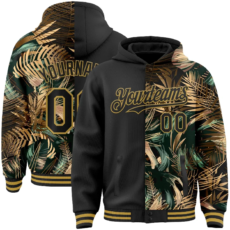 Hoodie with Bold Colors for Eye-Catching Style-Custom Black Old Gold Tropical Hawaii Jungle Leaves 3D Bomber Full-Snap Varsity Letterman Hoodie Jacket