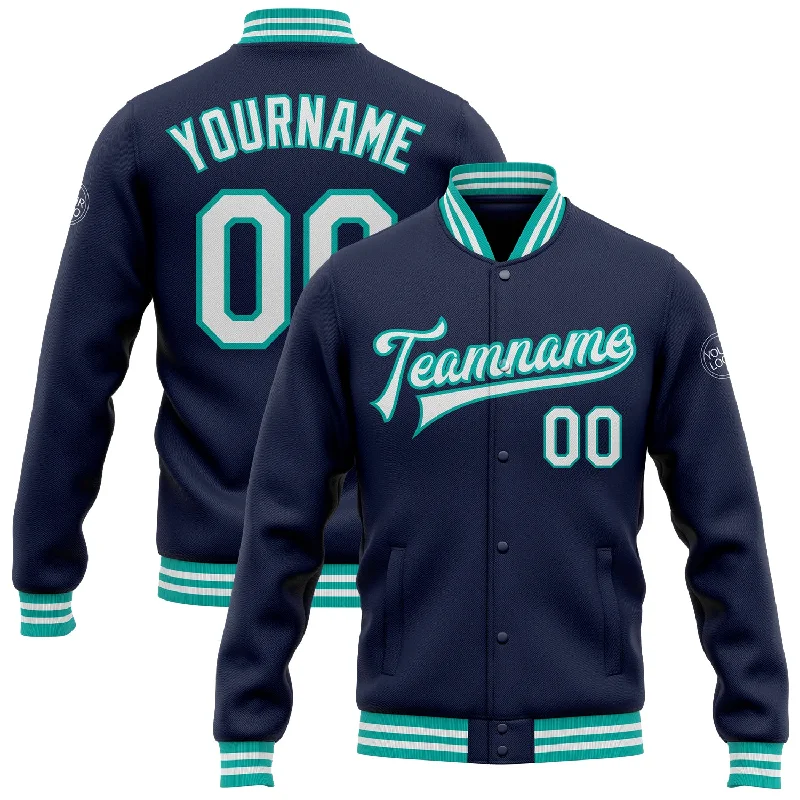 Stylish Zip-Up Outdoor Jacket for All-Day Comfort-Custom Navy White-Aqua Bomber Full-Snap Varsity Letterman Jacket