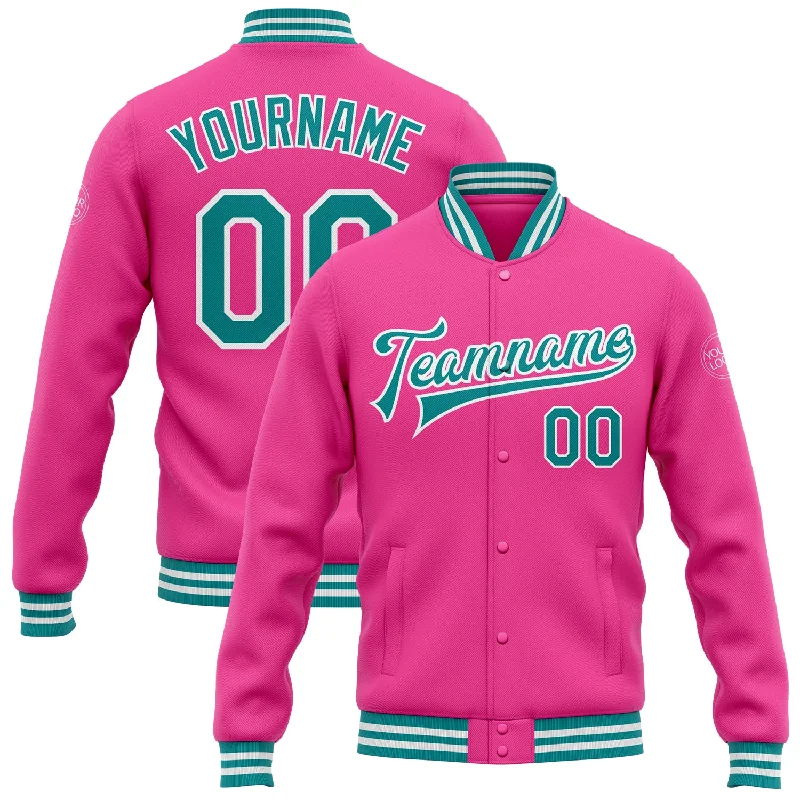 Soft Sherpa Jacket for Cozy Comfort-Custom Pink Teal-White Bomber Full-Snap Varsity Letterman Jacket