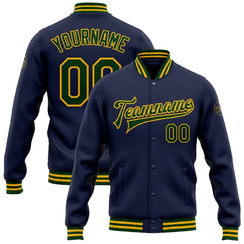 Comfortable Sherpa Lined Jacket for Winter Warmth-Custom Navy Green-Gold Bomber Full-Snap Varsity Letterman Jacket