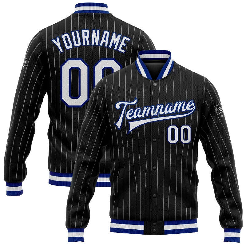 Stylish Faux Fur Jacket for Cold Weather Fashion-Custom Black White Pinstripe Royal Bomber Full-Snap Varsity Letterman Jacket