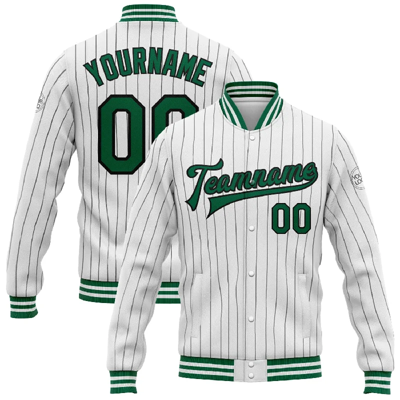 Stylish Checked Wool Jacket for Cozy Looks-Custom White Black Pinstripe Kelly Green Bomber Full-Snap Varsity Letterman Jacket